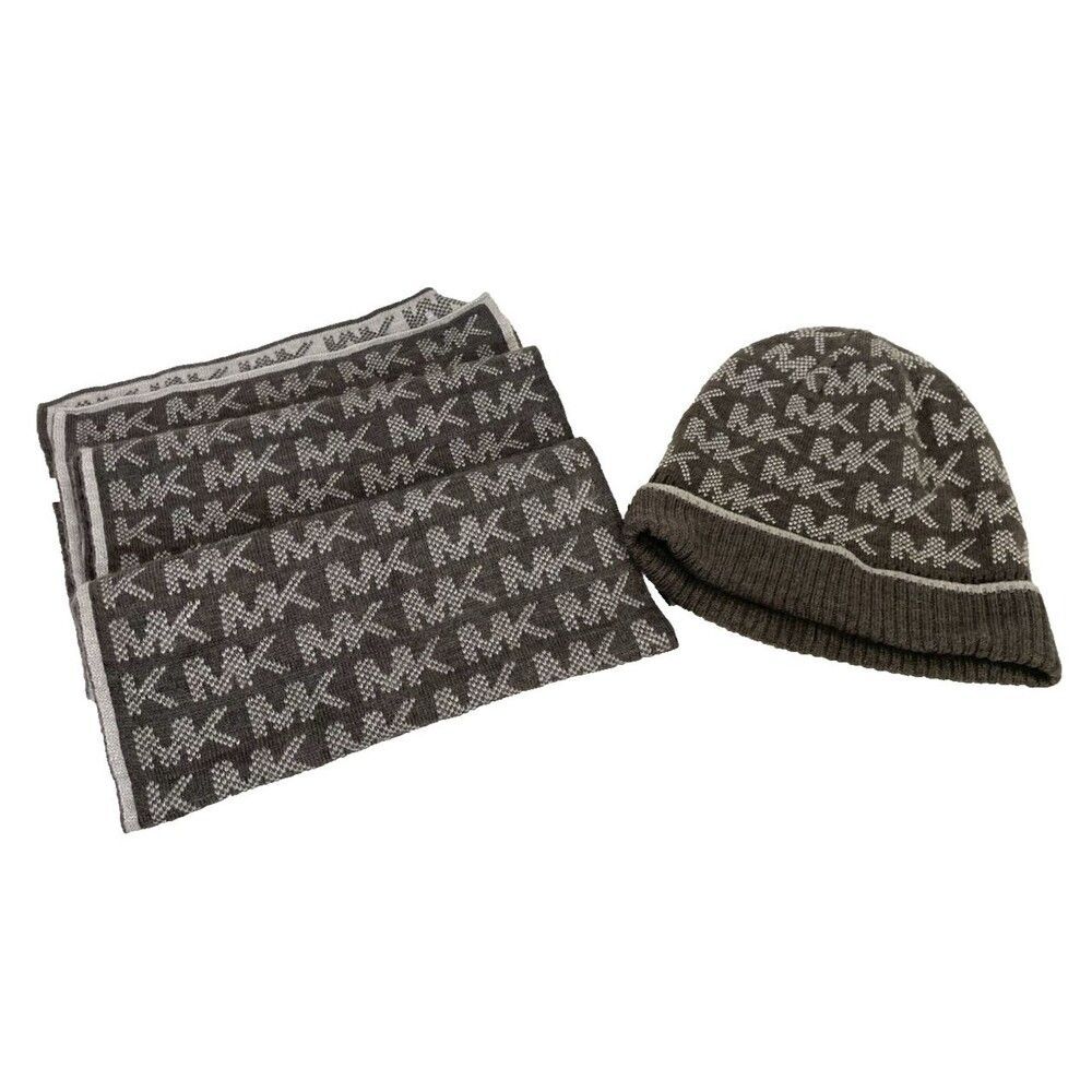 Woman's Michael Kors Logo Knit Hat & Scarf 2 Piece Set Black Grey Silver Winter